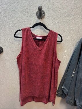 Zenana Outfitters Red Mineral Wash V-Neck Tank